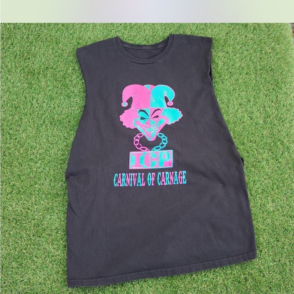 ICP Medium Unisex ICP Black Sleeveless Tee with Pink & Teal Jester Graphic